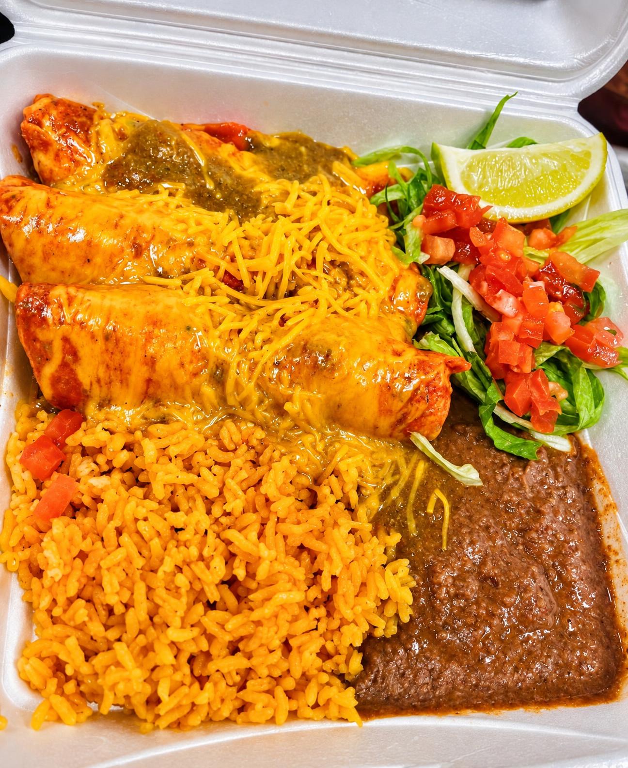 Enchiladas with rice, beans and salad